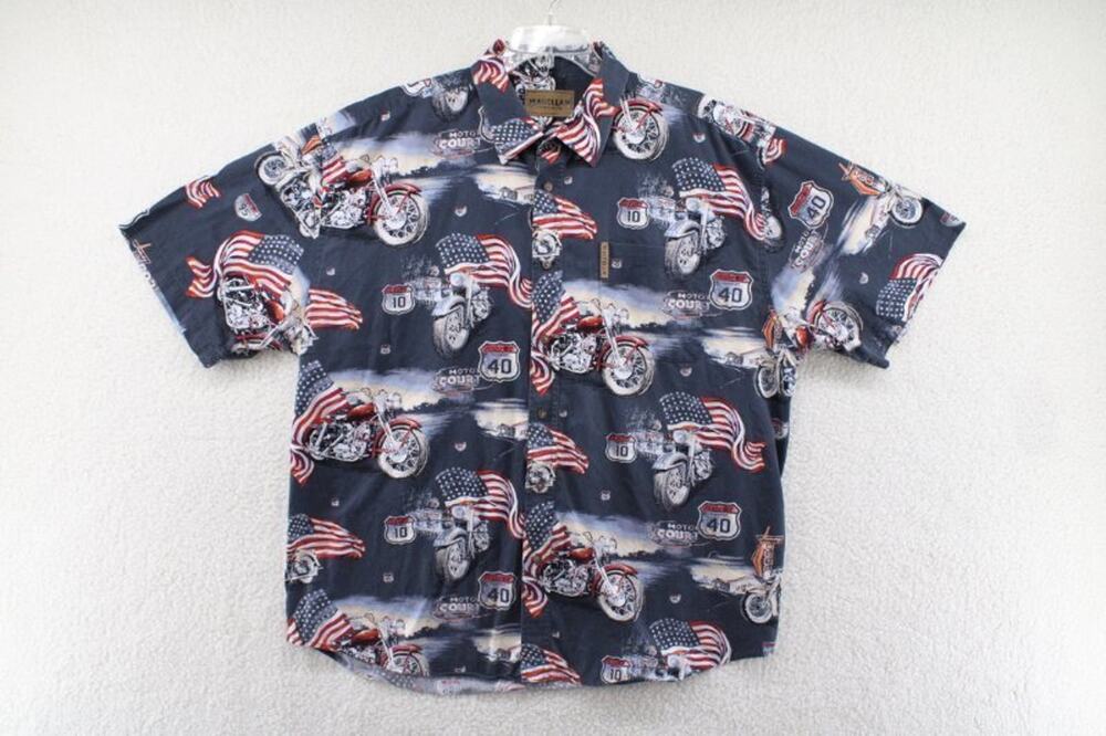 Magellan Shirt Mens 2XL Blue USA Patriotic Motorcycles American Interstate Ride